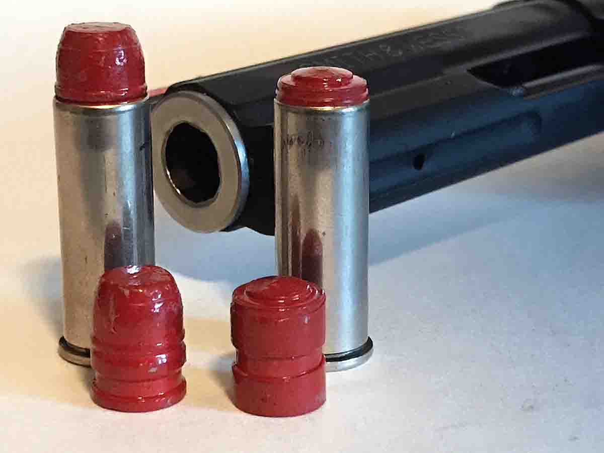 Bullets cast from Redding/SAECO 200-WC (right) and Redding/SAECO 200-RNFP moulds (left) were loaded in .44 Magnum cases with three different powders.